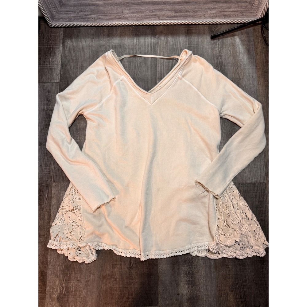 Free People Cream Lace Trim V-Neck Tunic Top Long Sleeve Boho Sweatshirt Small